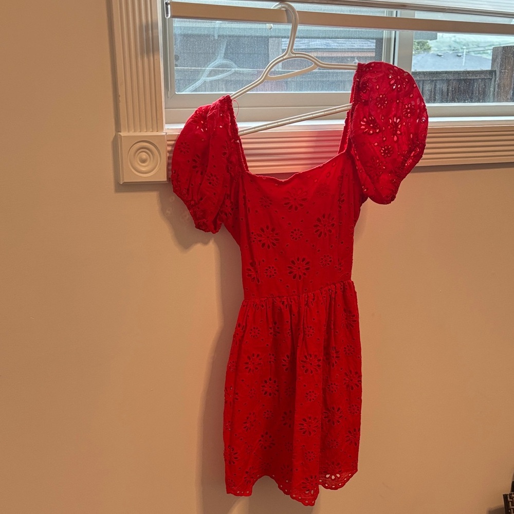 Sienna Sky Red Eyelet Puff Sleeve Mini Dress